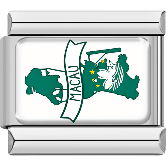 Rectangular Italian charm with a silver border featuring the map of Macau in green with the Macau lotus and gold stars, plus a banner saying “Macau.”